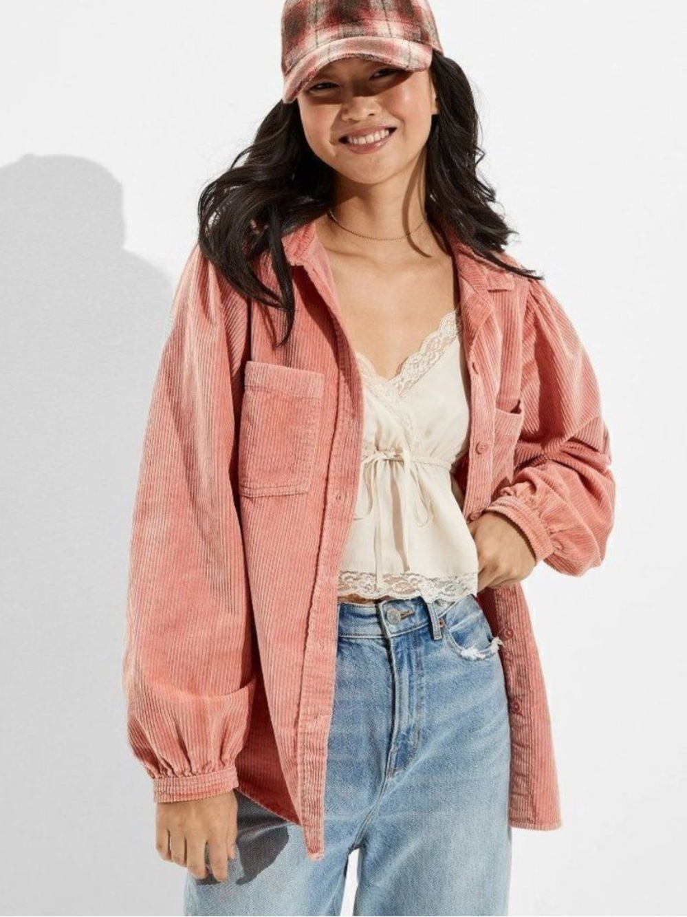 American Eagle Oversized
Corduroy Button Up Shirt Shacket Pink
Women's XXL Boho